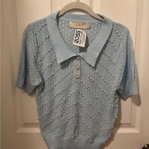 Light Blue Knit Polo with Pearl Accents